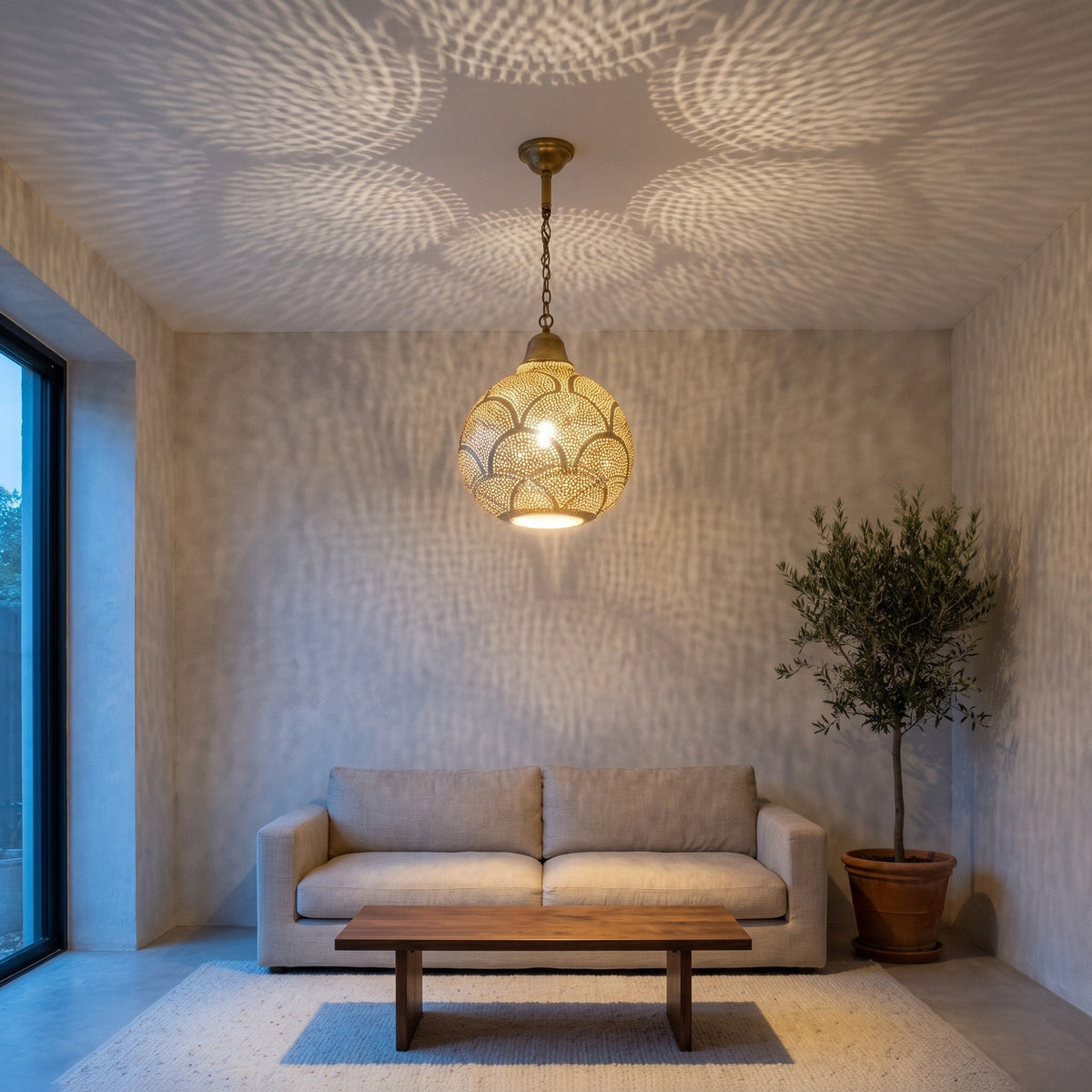 Tanirt brass pendant hanging in a modern dining room