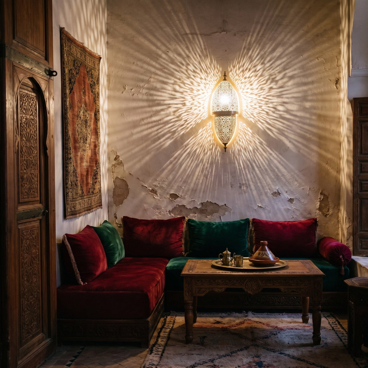 Tarz sconce casting its pattern on a tadelakt wall in a Moroccan riad