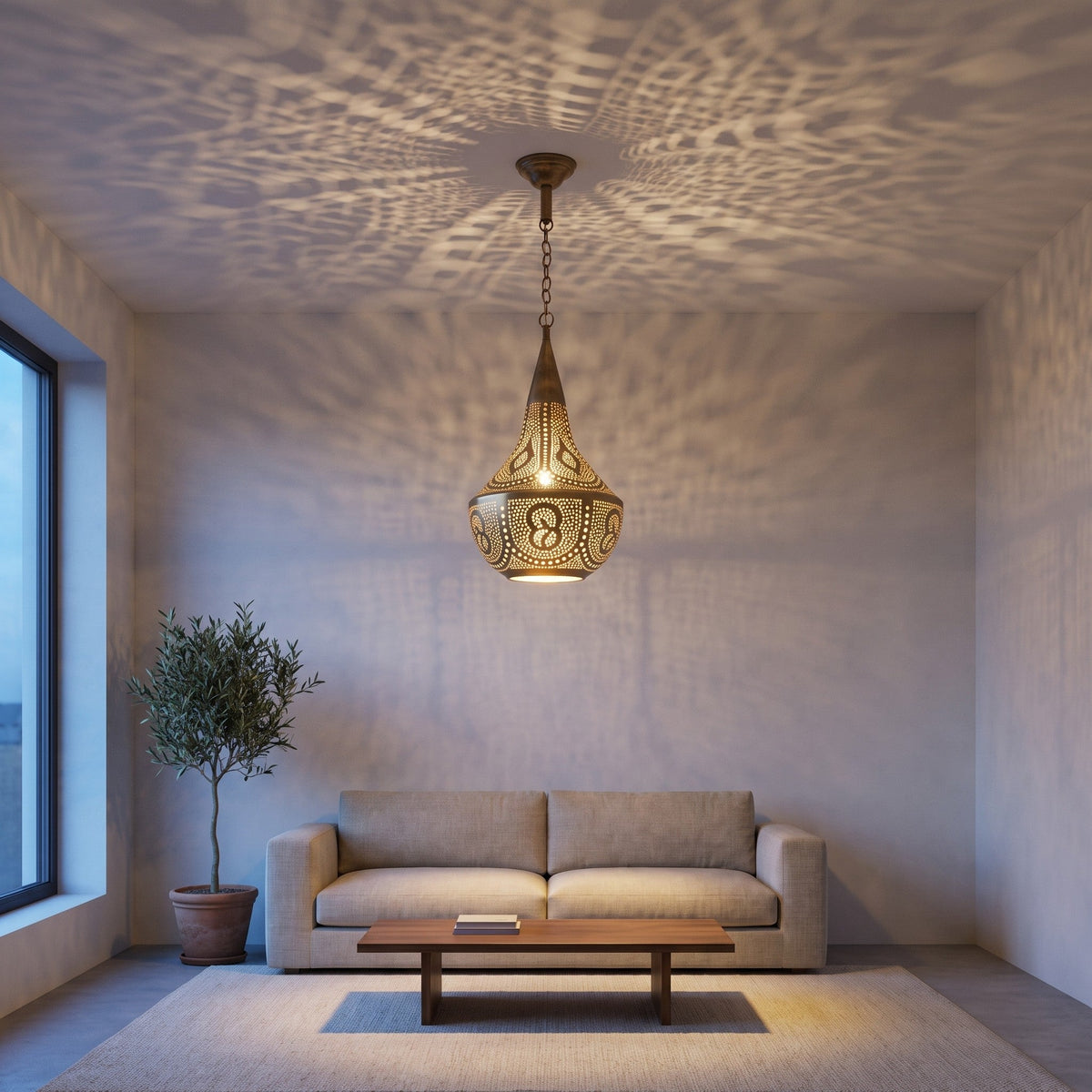 Telouet pendant hanging over a side table in a modern loft