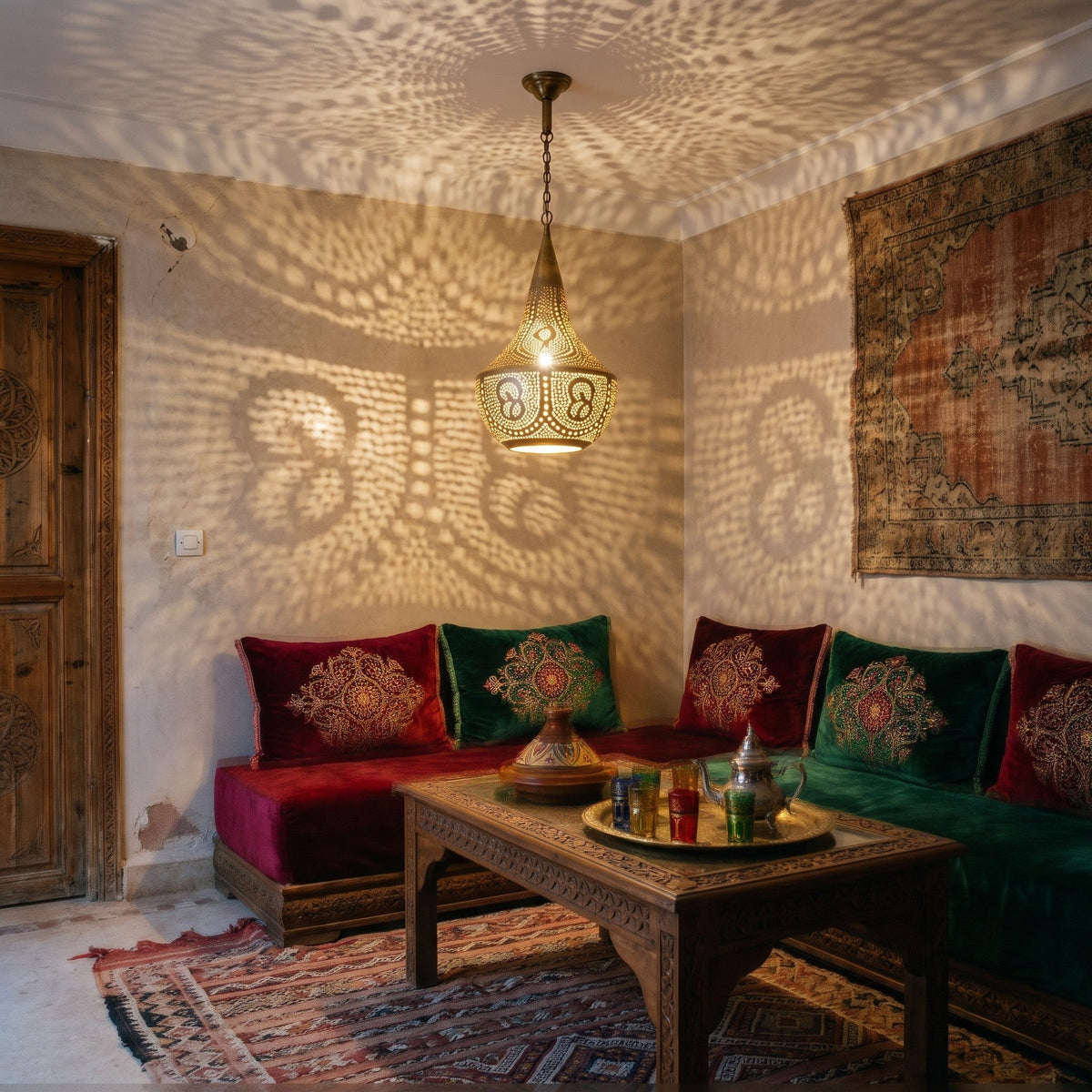 Telouet pendant lit in a Moroccan riad, pattern on ceiling and walls