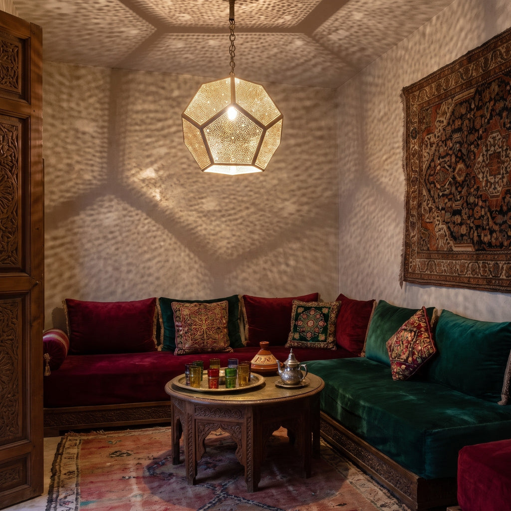 Thouraya pendant glowing in a Moroccan riad