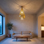 Tichka brass flush mount on the ceiling of a modern hallway