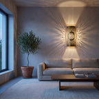 Pair of Tislit brass sconces flanking a mirror in a modern hallway