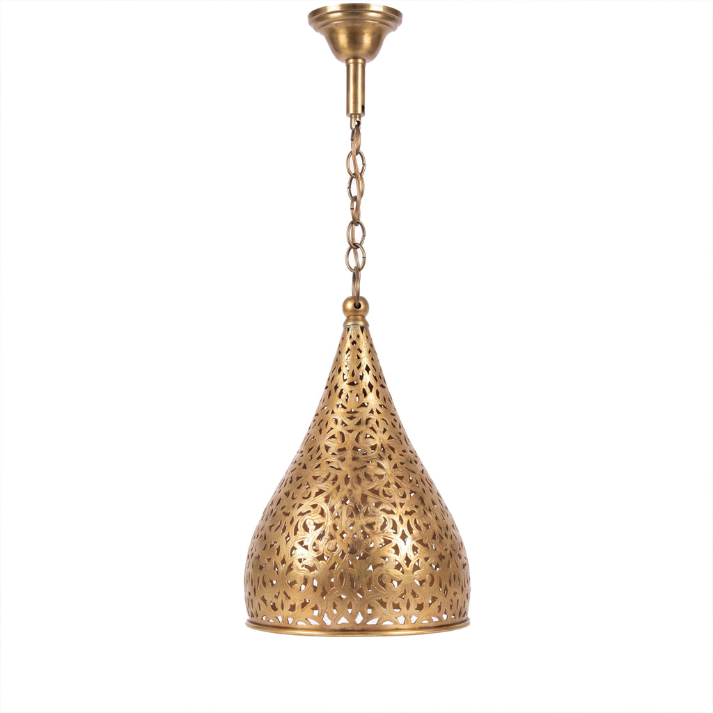 Tizi pierced brass cone pendant on a white studio background