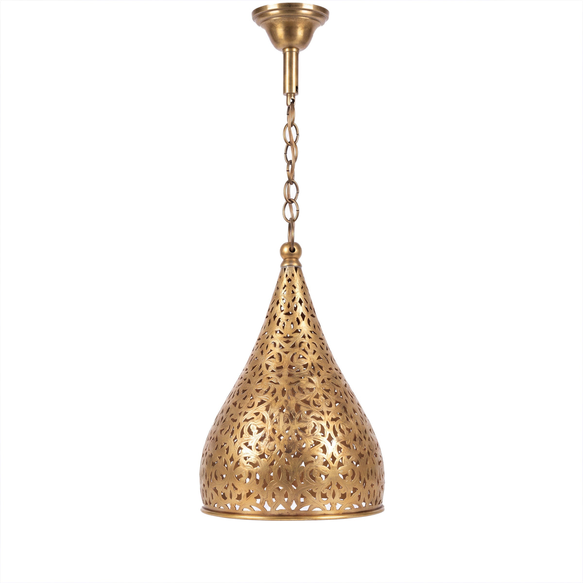 Tizi pierced brass cone pendant on a white studio background