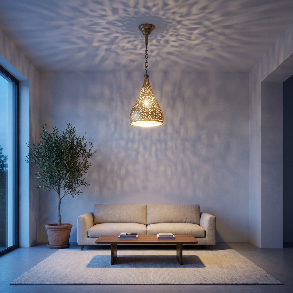 Tizi cone pendant hanging in a modern hallway