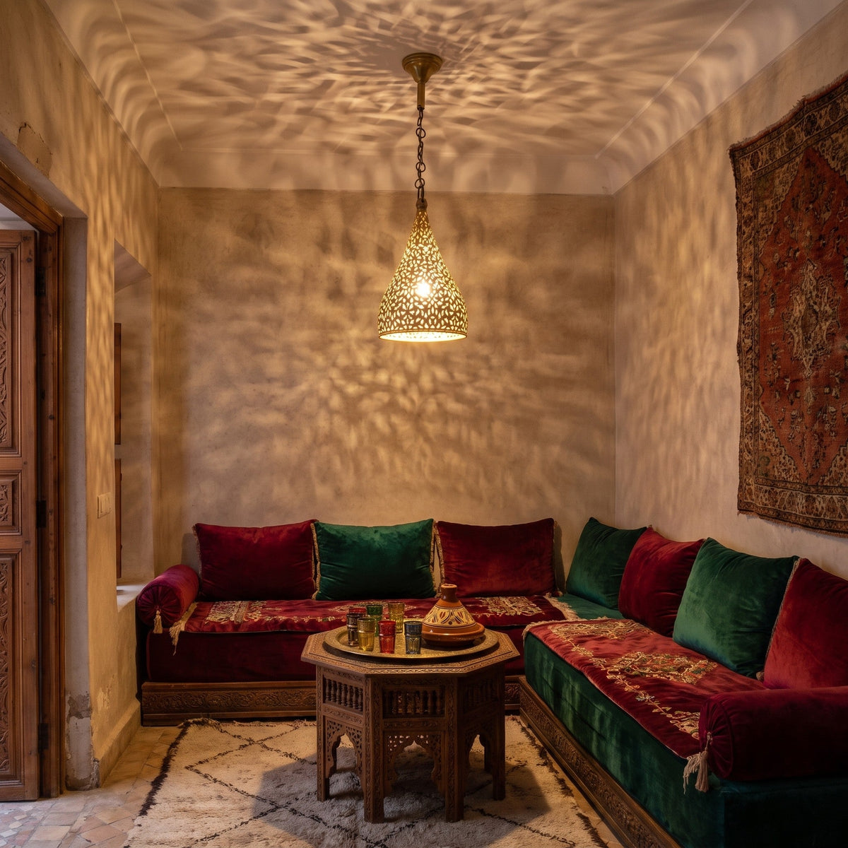 Tizi pendant lighting a corner of a Moroccan riad