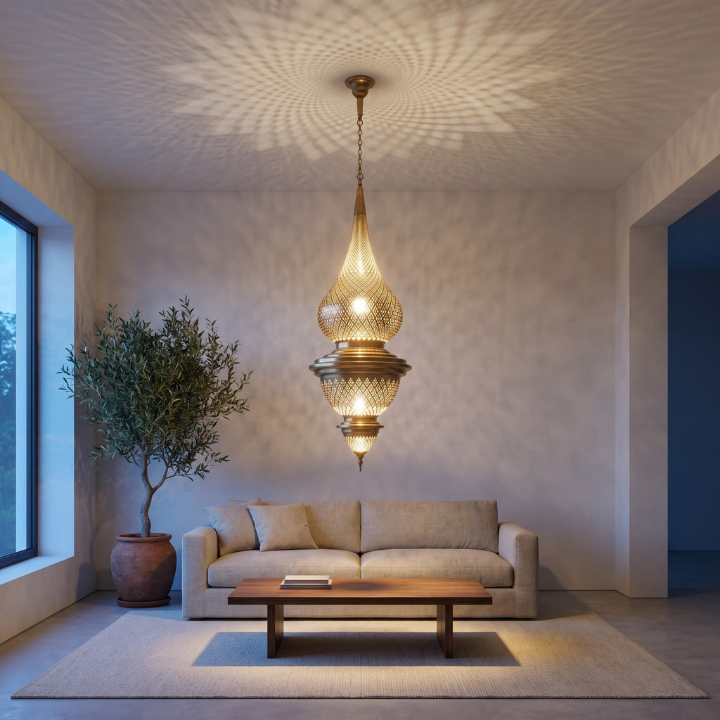 Toubkal pendant hanging through a double-height modern stairwell