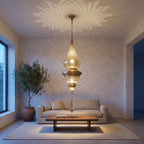 Toubkal pendant hanging through a double-height modern stairwell