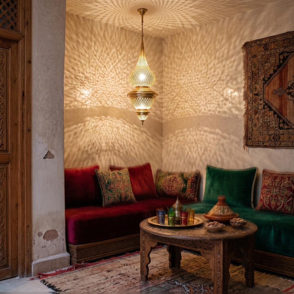 Toubkal pendant descending into a Moroccan riad courtyard, lit
