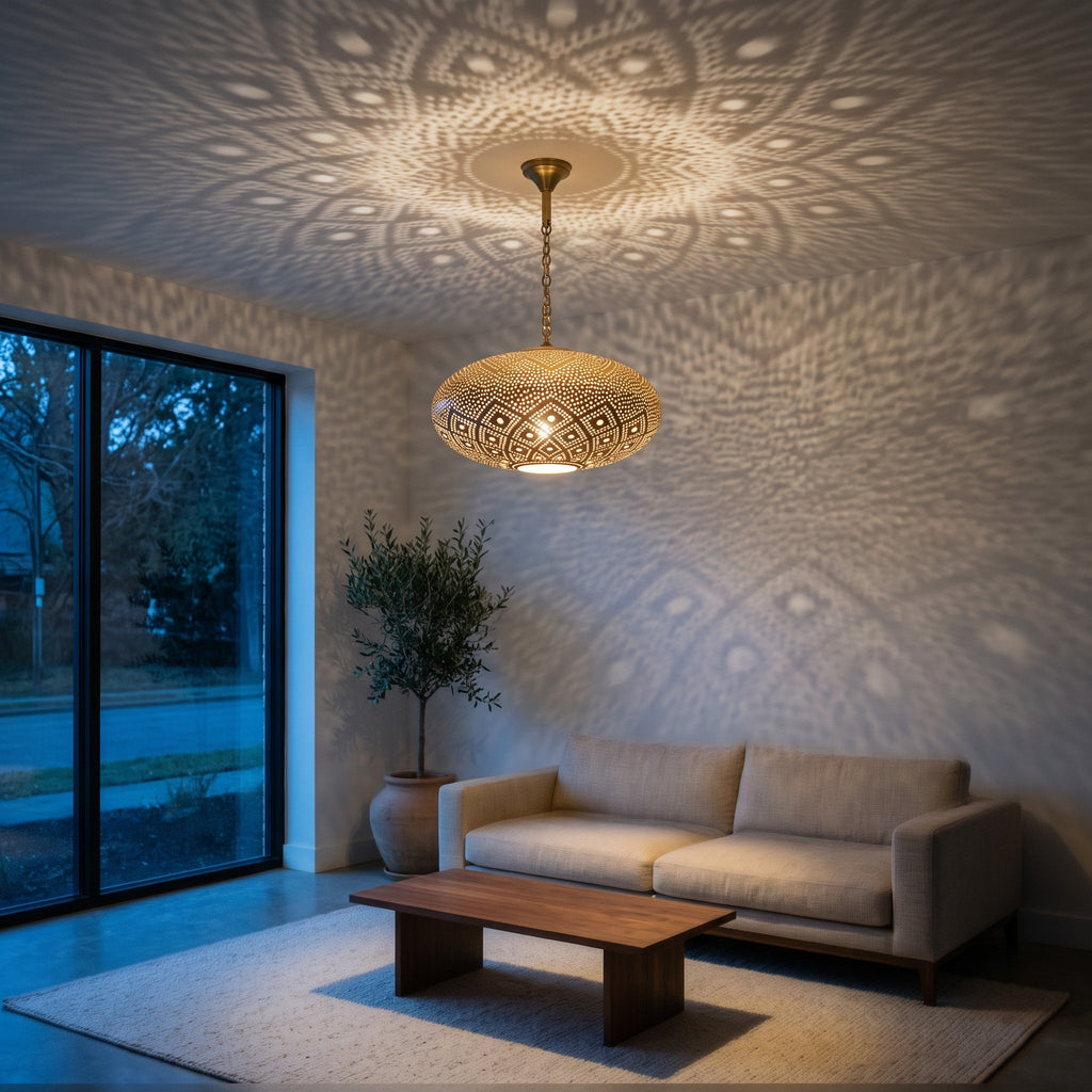 Tudert pendant hanging over a kitchen island in a modern interior