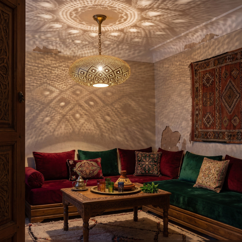 Tudert pendant lit in a Moroccan riad, light spread across the walls