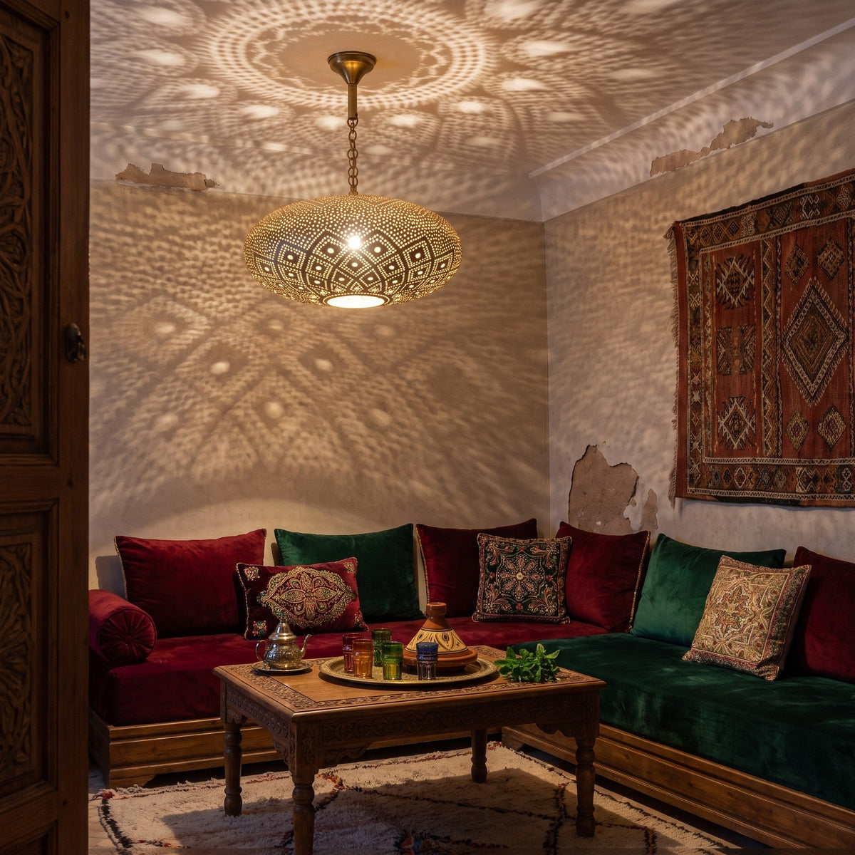 Tudert pendant lit in a Moroccan riad, light spread across the walls