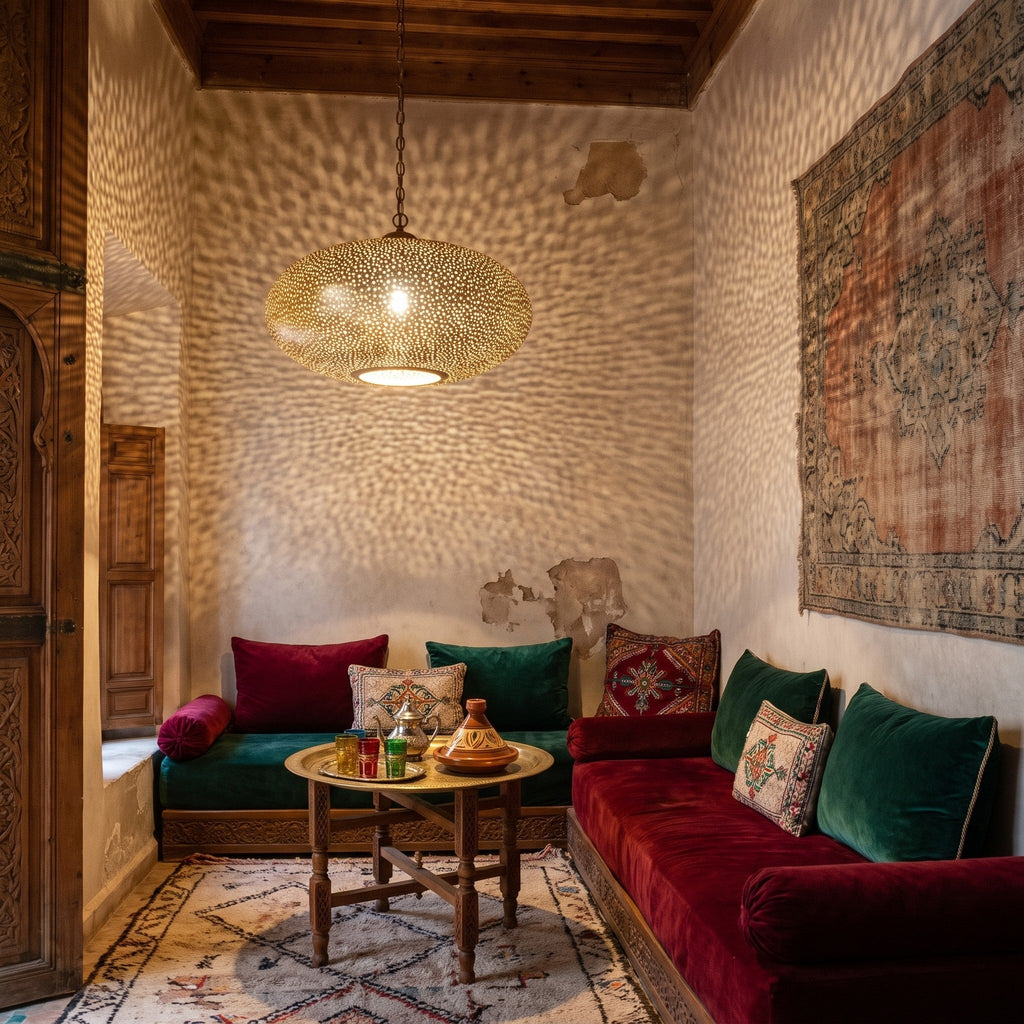 Warda pendant lit in a Moroccan riad, shadows resting on the walls
