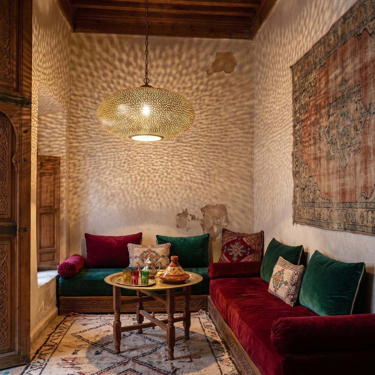 Warda pendant lit in a Moroccan riad, shadows resting on the walls