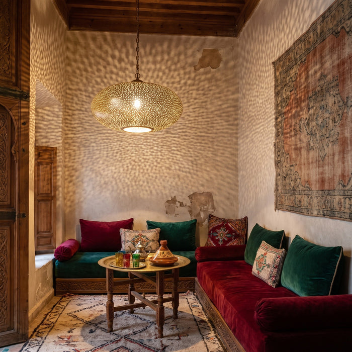 Warda pendant lit in a Moroccan riad, shadows resting on the walls