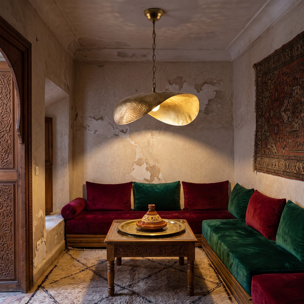 Warqa hammered brass pendant hanging in a Moroccan riad interior