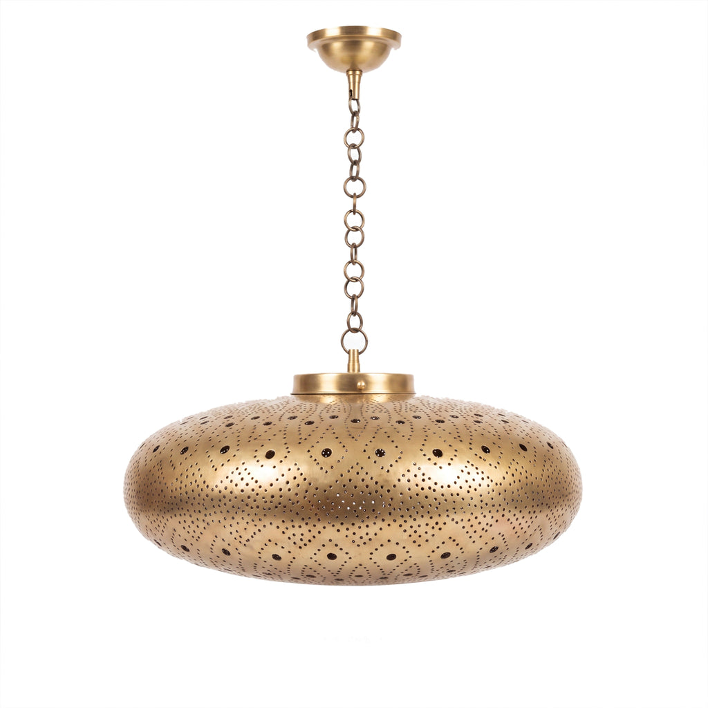 Yakout pierced brass pendant lamp photographed on a white studio background