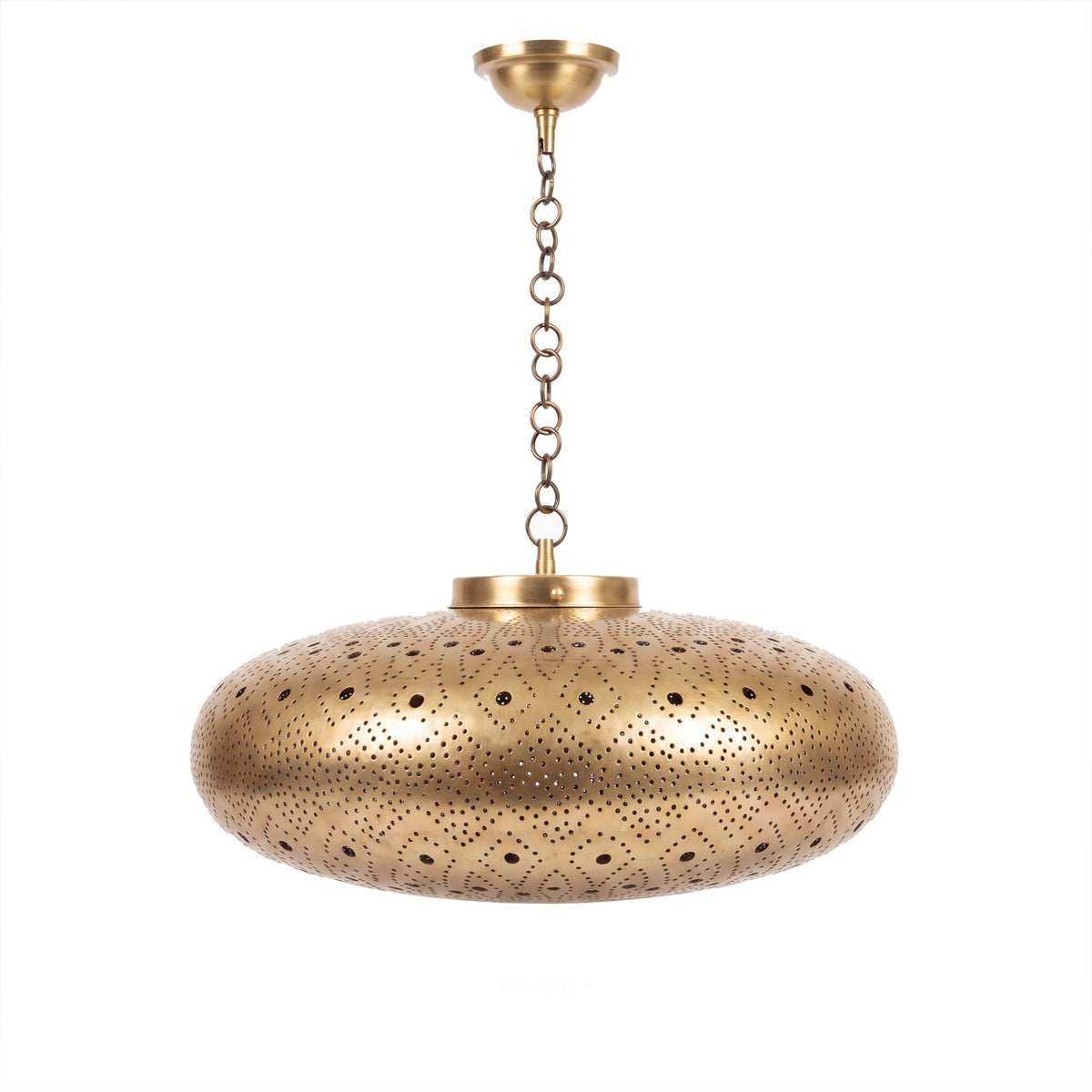Yakout pierced brass pendant lamp photographed on a white studio background