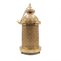Zafran engraved brass table lamp, unlit, on a white studio background