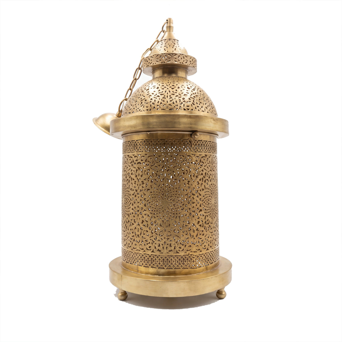 Zafran engraved brass table lamp, unlit, on a white studio background