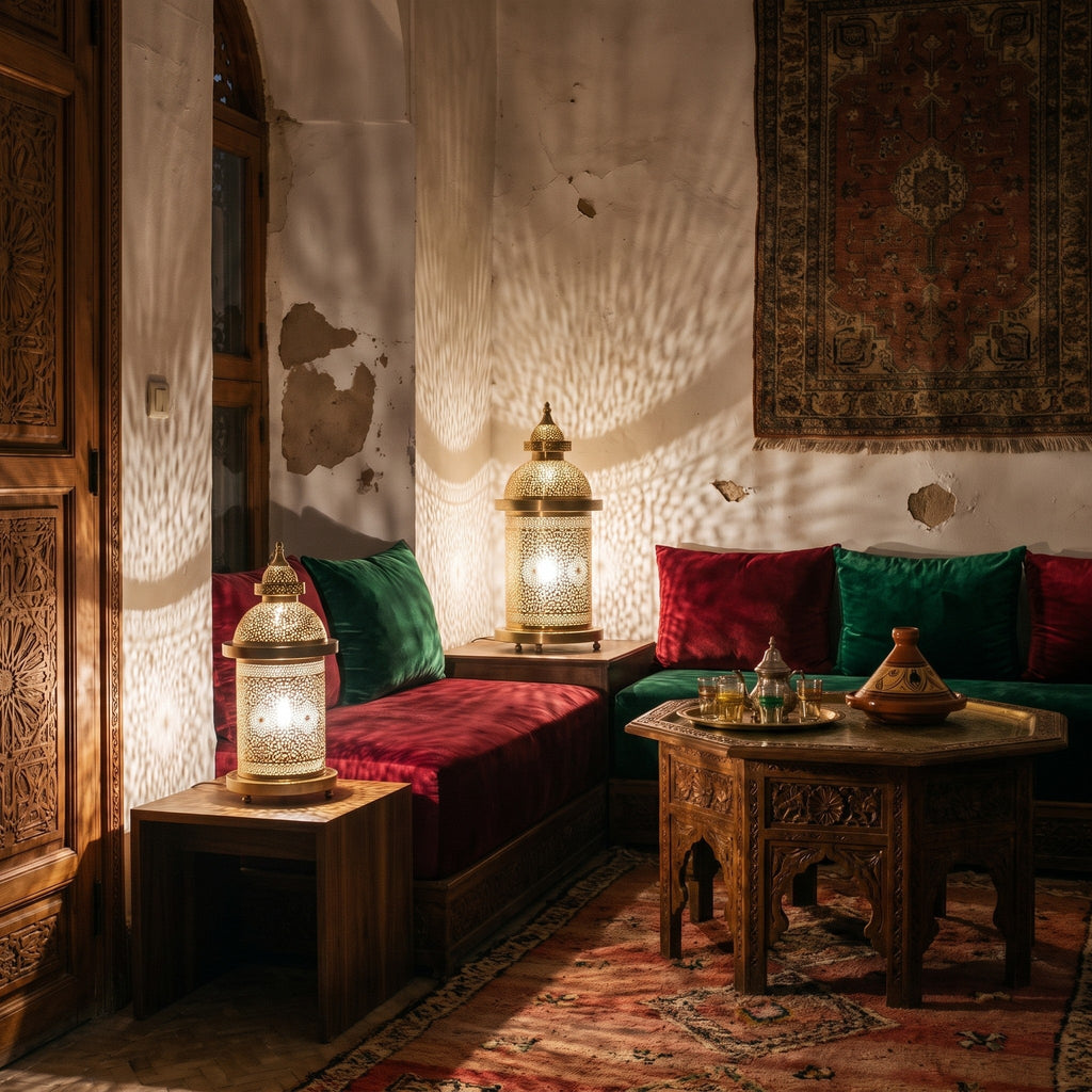 Zafran table lamp lit on a carved table in a Moroccan riad