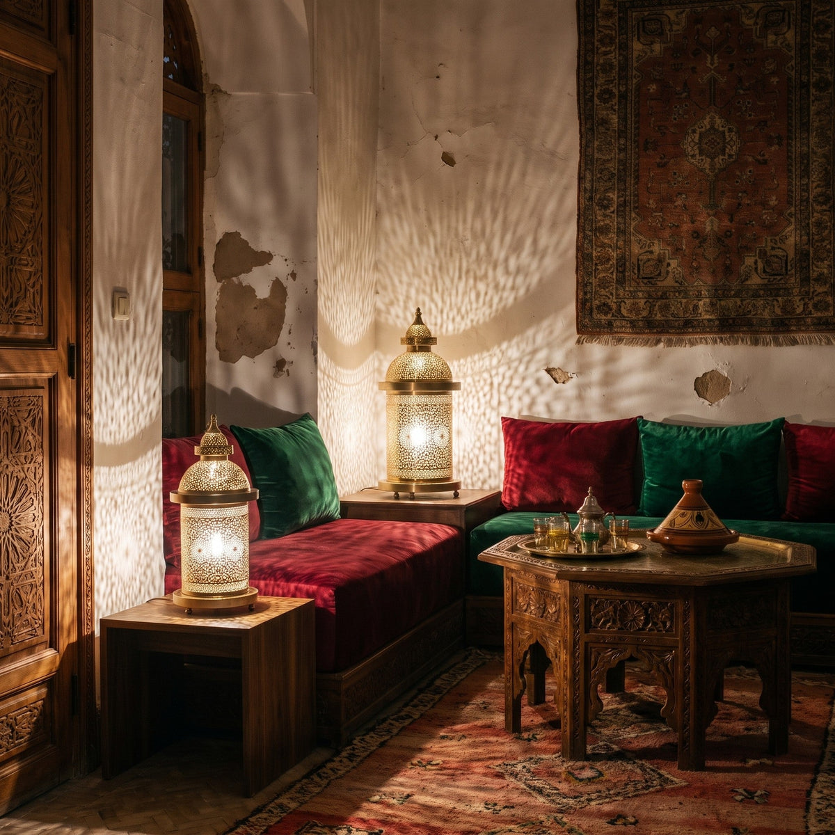 Zafran table lamp lit on a carved table in a Moroccan riad