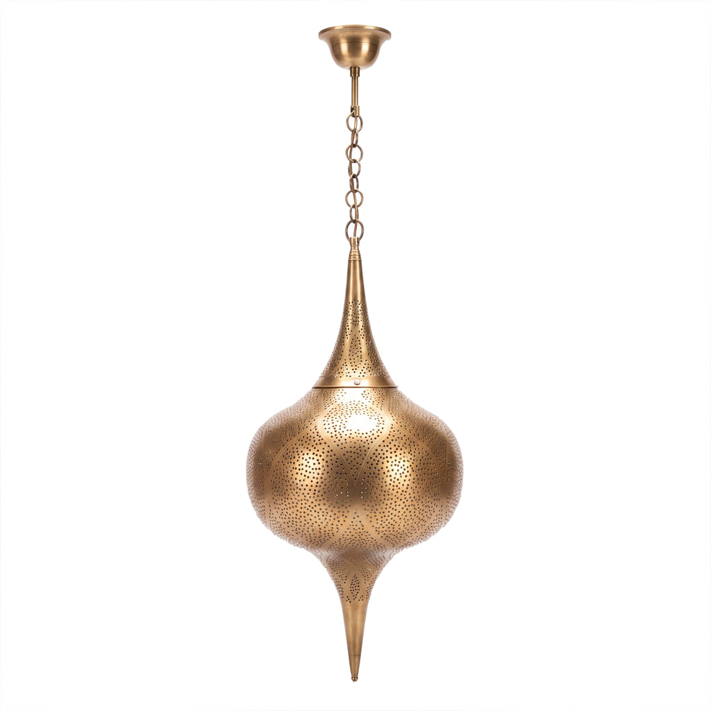 Zagora tall brass lantern with punched circles on a white studio background
