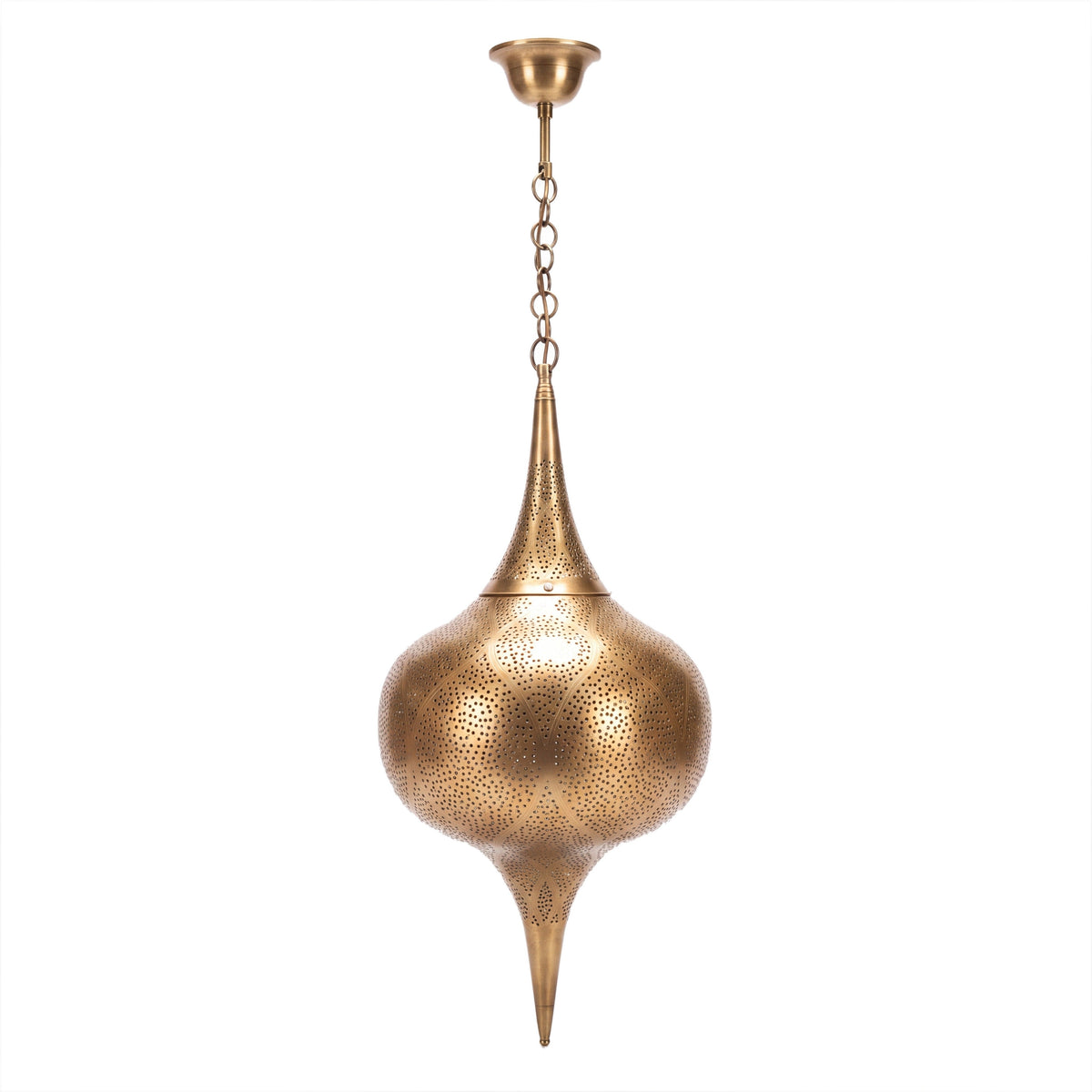 Zagora tall brass lantern with punched circles on a white studio background
