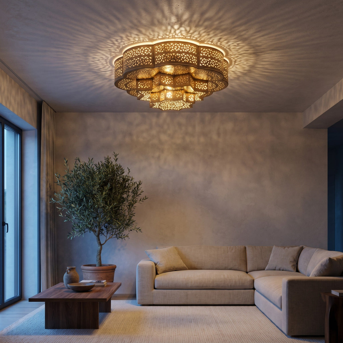 Zellige brass ceiling light mounted flush in a modern dining room