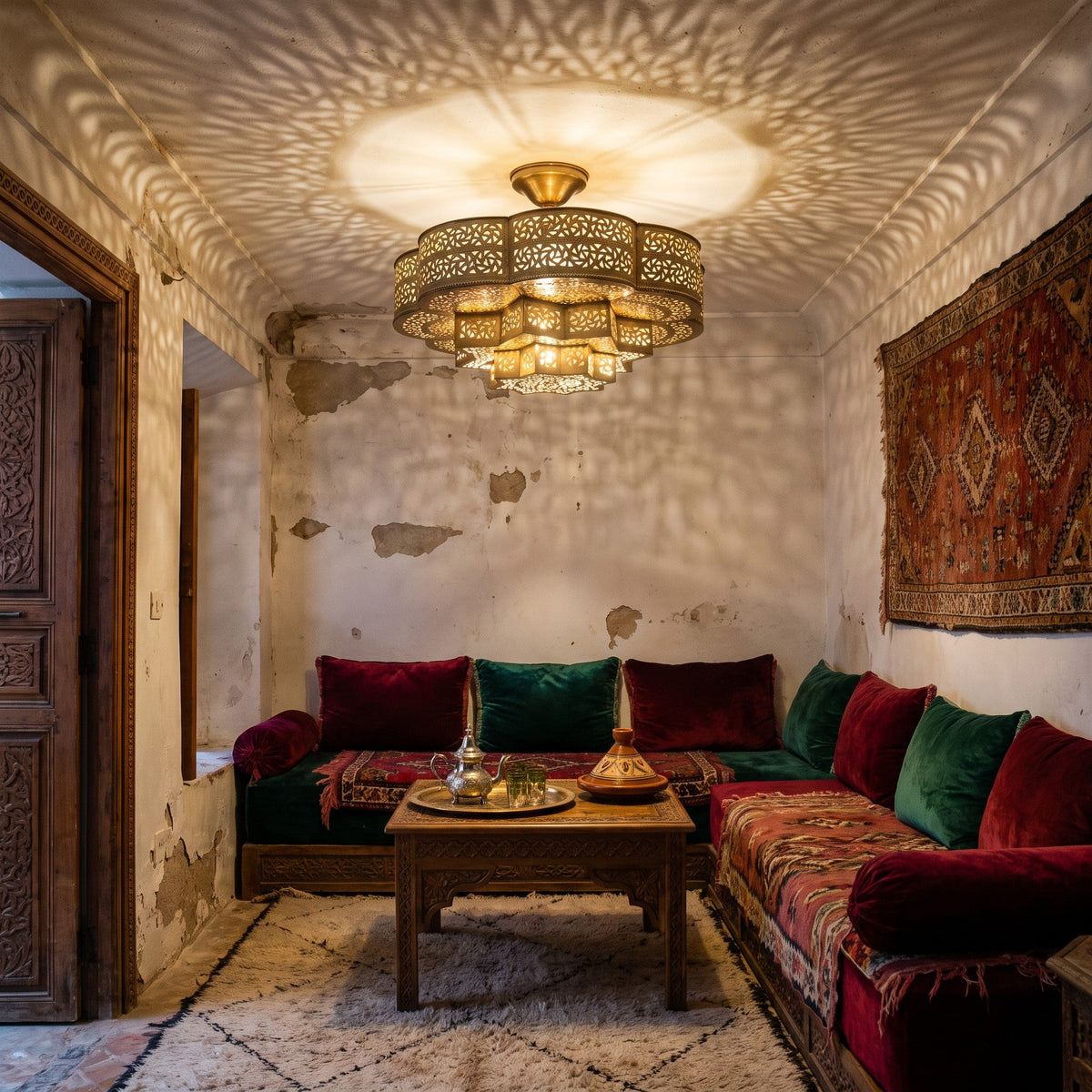 Zellige flush mount lit at night in a riad, its pattern cast across walls and ceiling