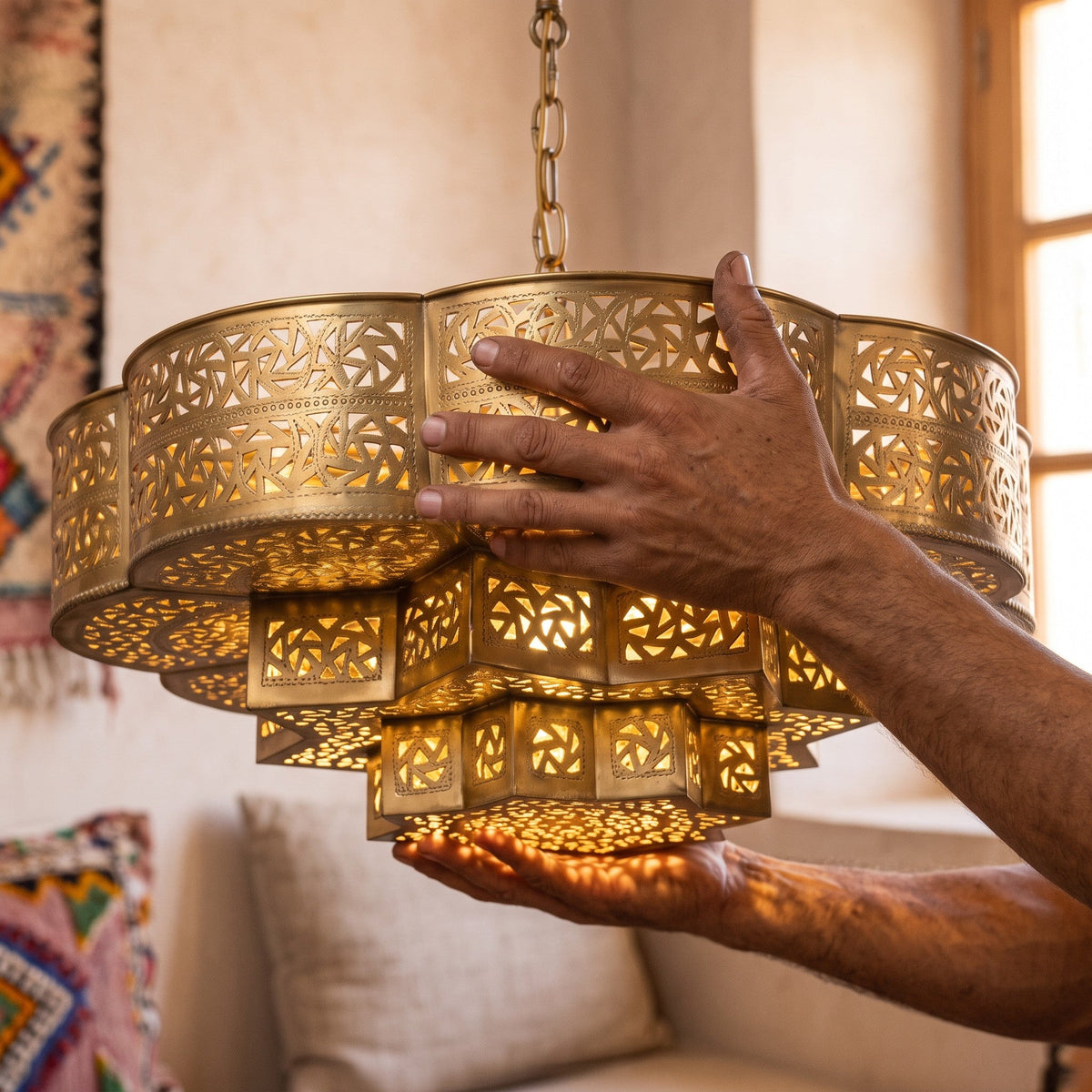 A maalem holds the pierced Zellige dome in his hands in a Marrakech workshop