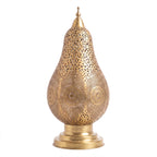 Zina pierced brass table lamp in gold finish, unlit, on a white studio background