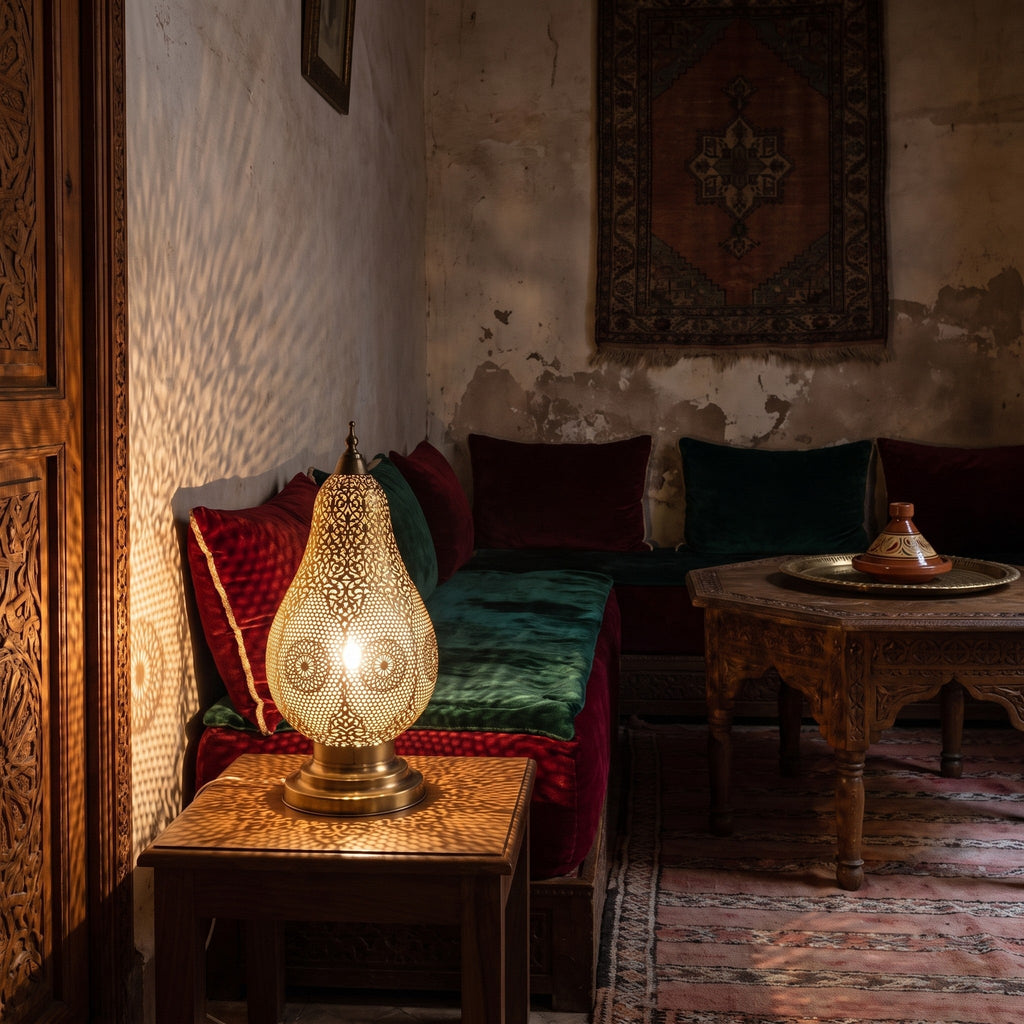Zina table lamp glowing beside cushions in a Moroccan riad at night