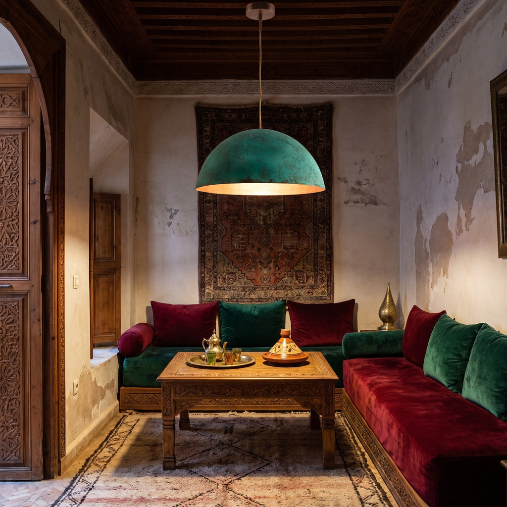 Zitoun verdigris copper pendant hanging in a Moroccan riad interior